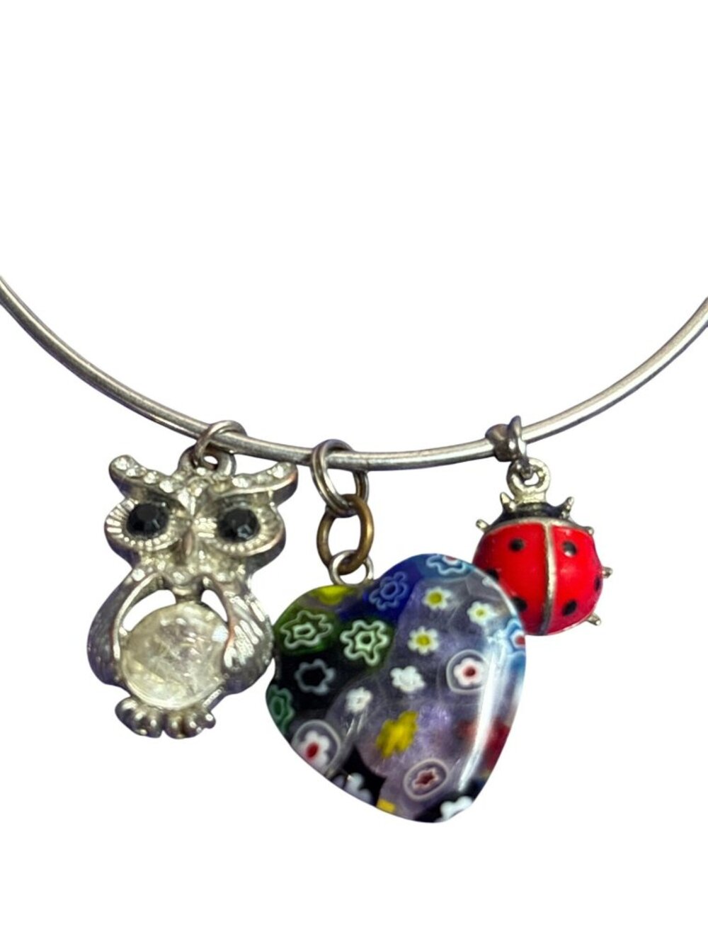 Silvertone Charm Bracelet Art Glass Heart Rhinestone Owl Enamel Ladybug
